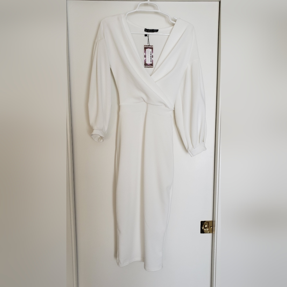Ivory off the shoulder wrap midi bodycon dress from BooHoo.